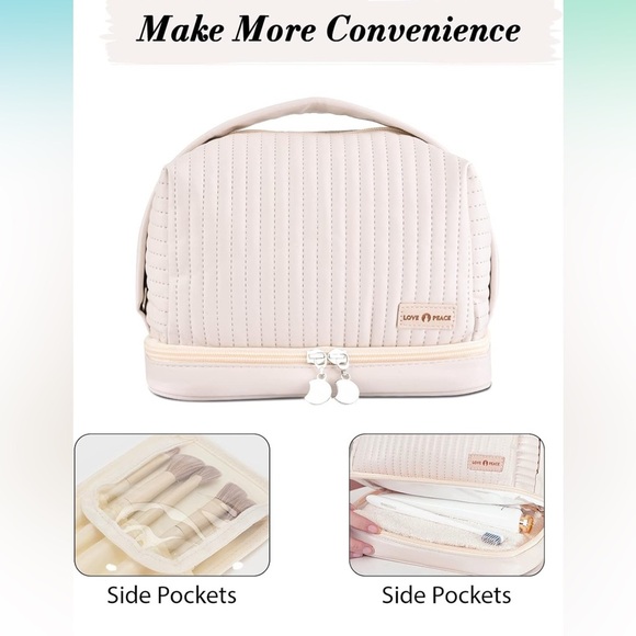 Large Makeup Bag Double Layer Cosmetic Travel Portable Leather Toiletry - Picture 4 of 7